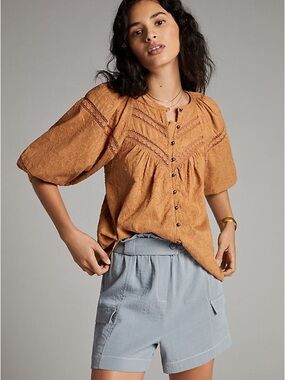 Anthropologie Harmony Embroidered Button-Up Peasant Blouse Rustic Orange Medium